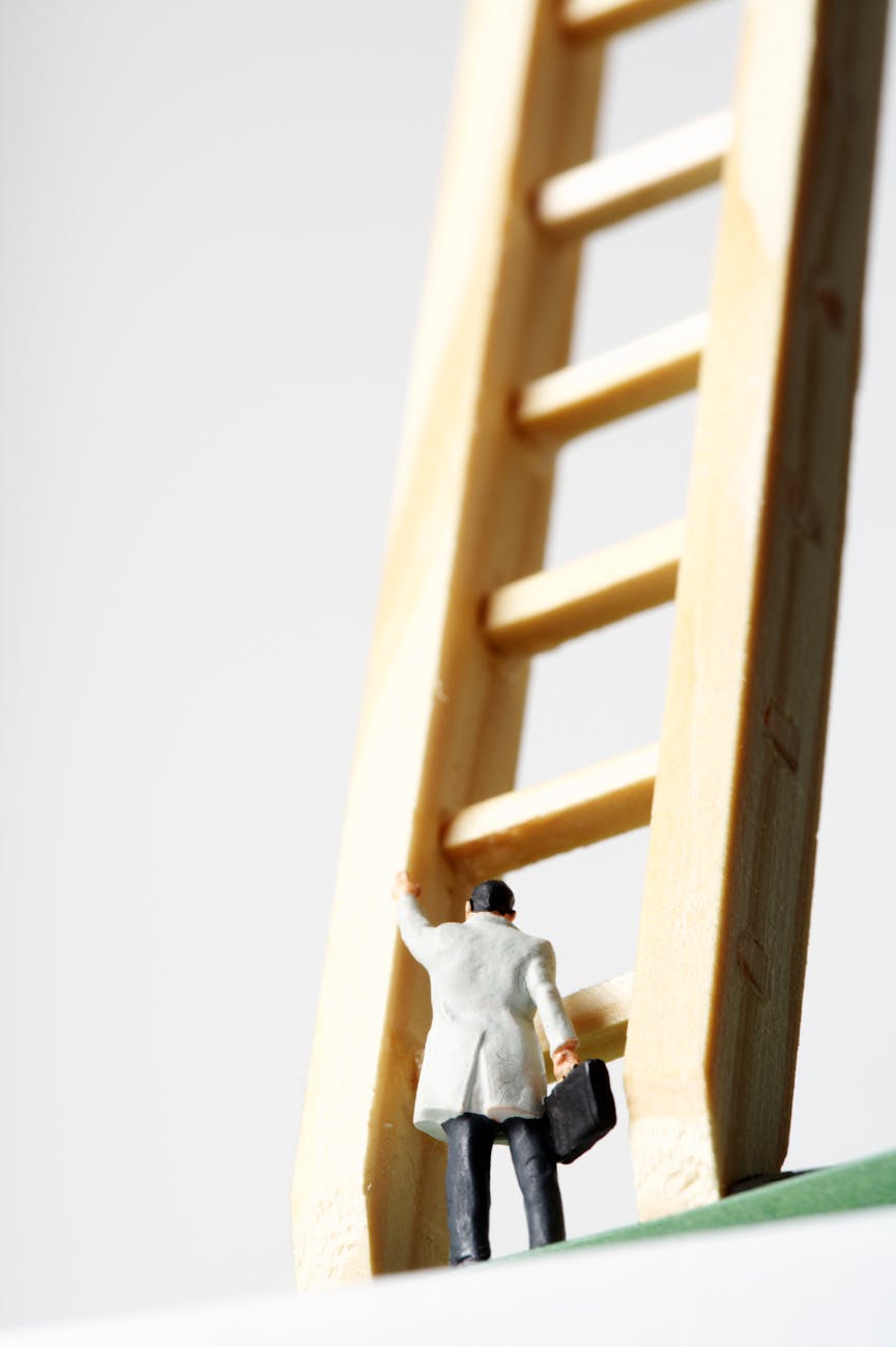 a man in white coat toy standing beside the wooden ladder